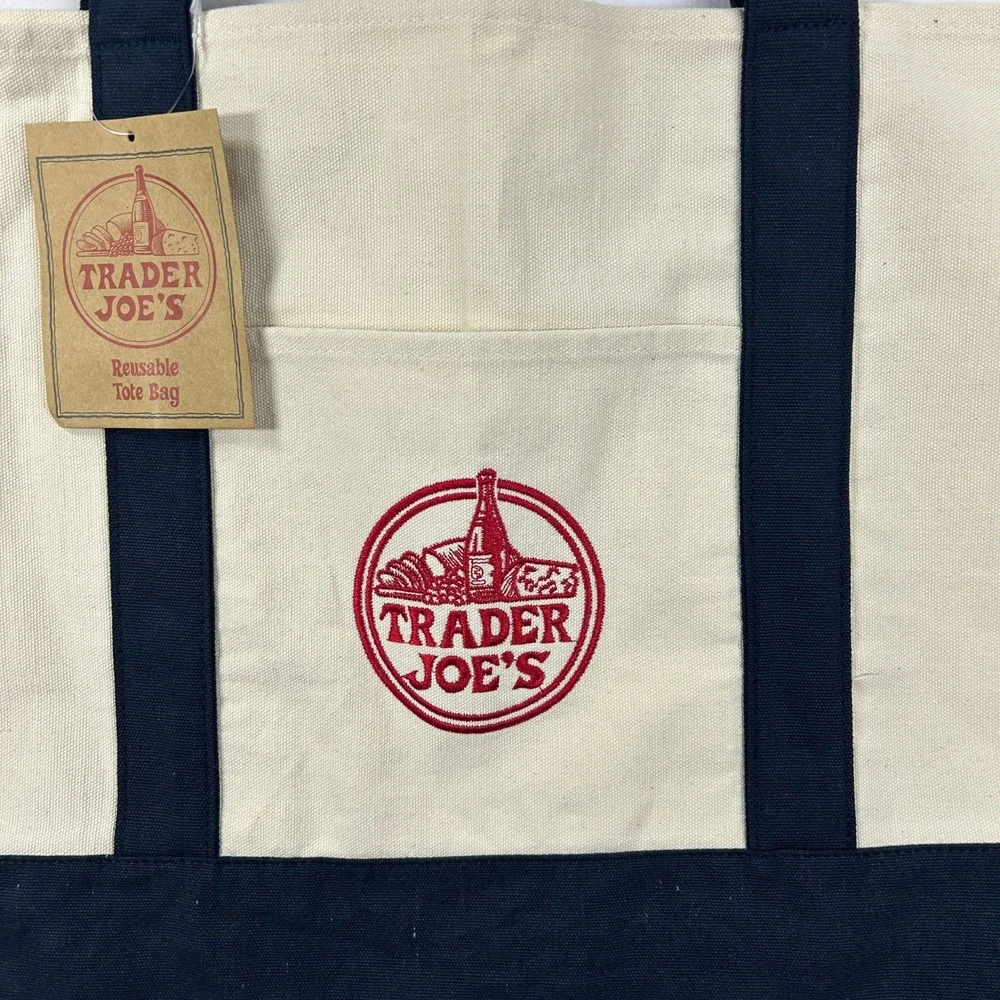 Trader Joe's Canvas Reusable Tote Bag – Cream & Navy Blue Embroidered Logo